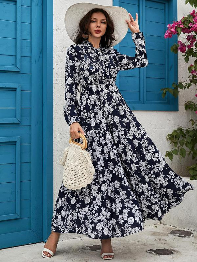 Women'S Floral Print Tie Neck Long Sleeve Vintage A-Line Dress, Summer Clothes Women, Elegant Flared Long Maxi Dresses for Spring & Fall, Women Clothing
